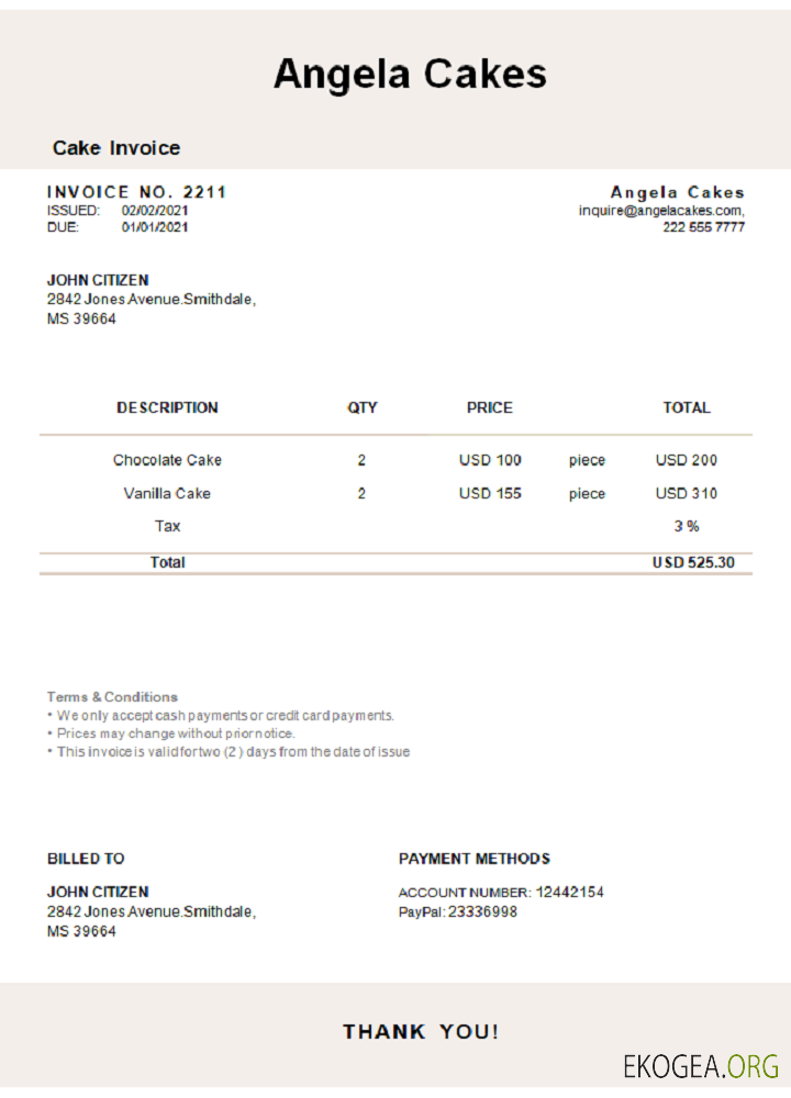 Facture USA Angela Cakes